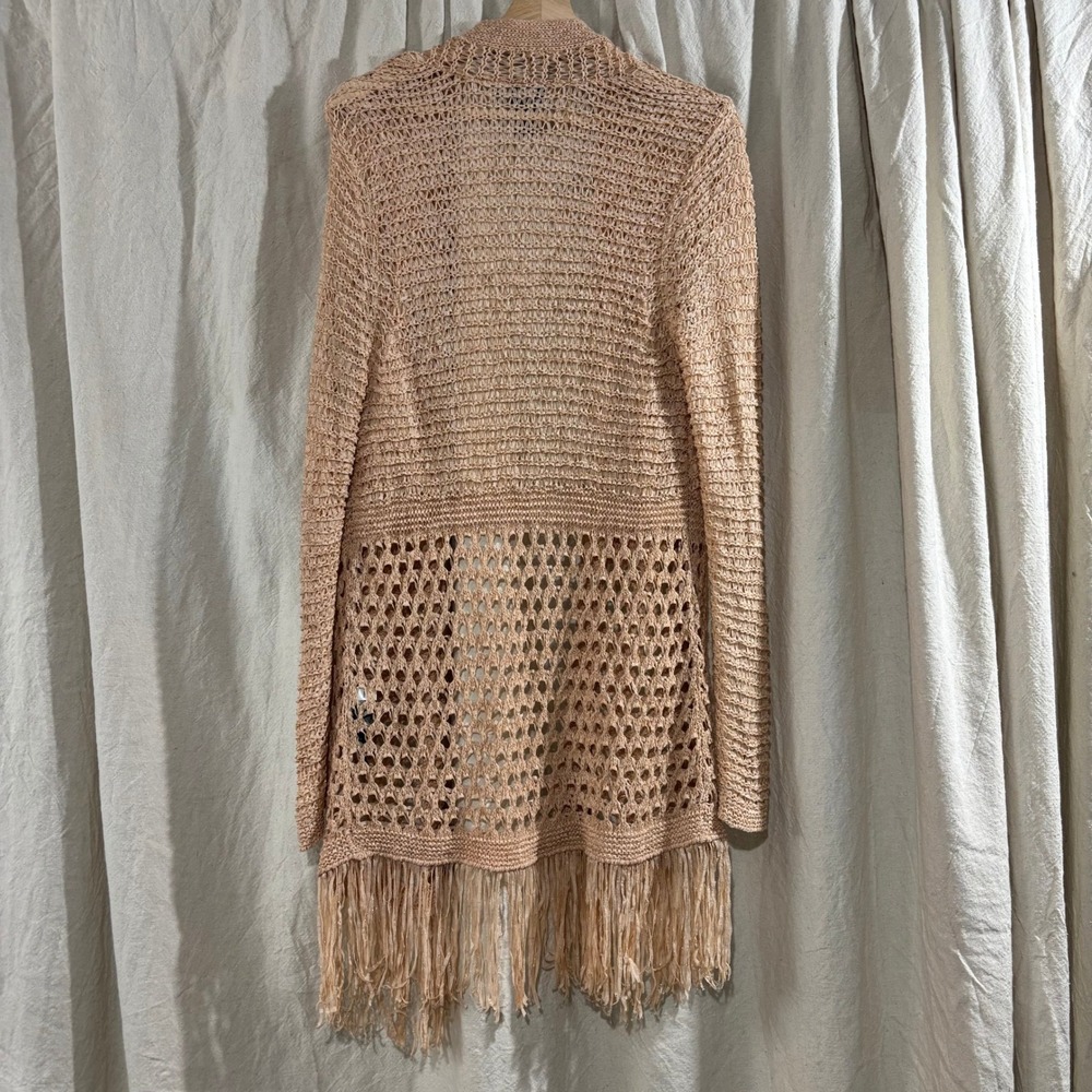 Chico's Travelers Metallic Crochet Fringe Open Front Cardigan Peach Sz 0 S - Picture 2 of 5